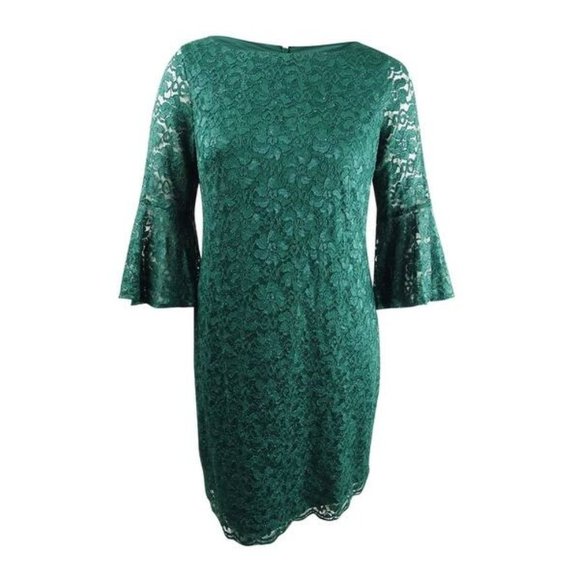 Jessica Howard Bell-Sleeve Glitter Lace Dress Size 16 Green - Picture 9 of 14